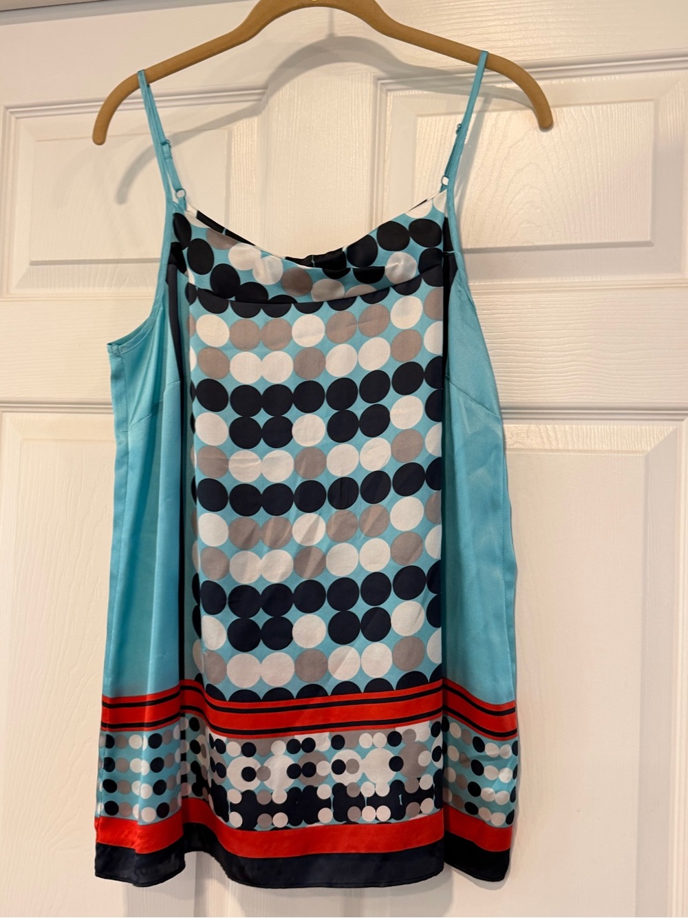 CAbi Aqua Polka Dot Silk Camisole with Red Trim #701